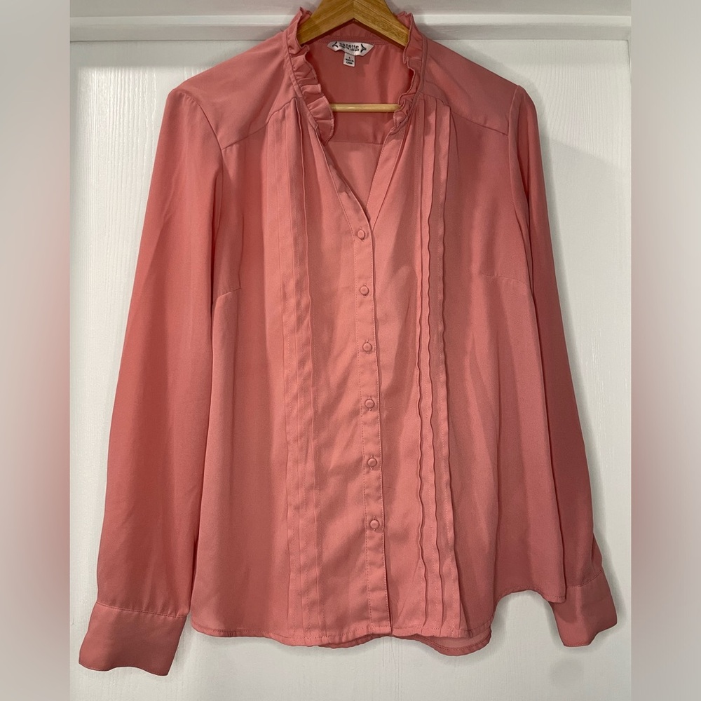 Nanette Lepore Pink Button Down Blouse with Ruffled Collar. Size L